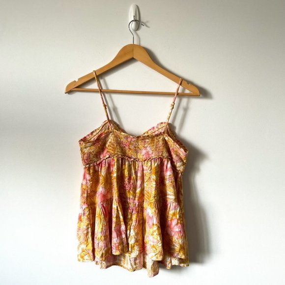 American  Eagle Floral Smocked Tiered Babydoll Tank Top Yellow Pink Sz S - Picture 3 of 6